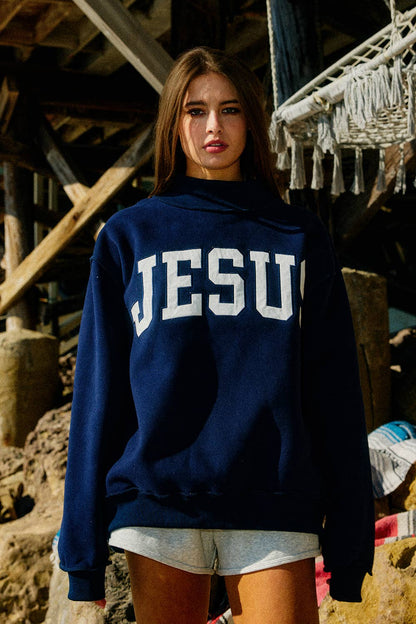 JESUS-Embroidered Mock Neck Sweatshirt : Bright Sage