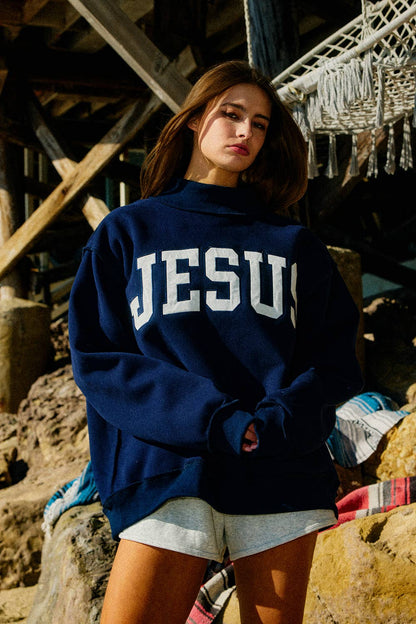 JESUS-Embroidered Mock Neck Sweatshirt : Bright Sage
