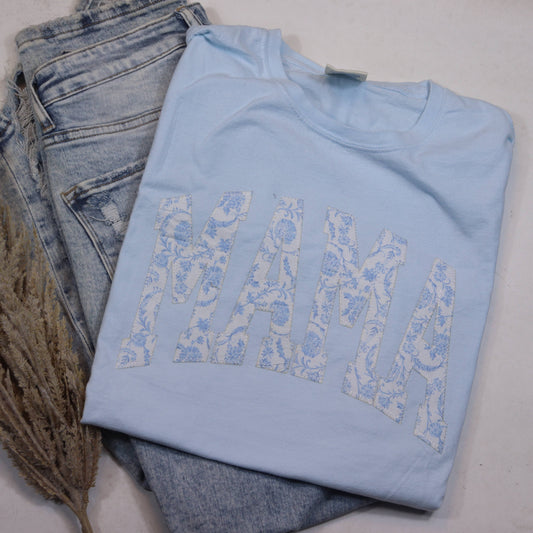 Mama- Floral Patch Tee- Light Blue
