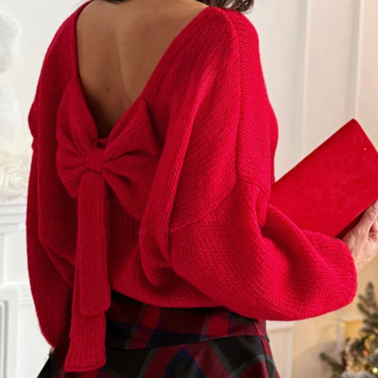 Backless Bow Sweater (Black and Red)