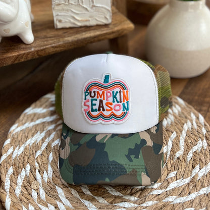 "PUMPKIN SEASON" patch on Camo Trucker Hat