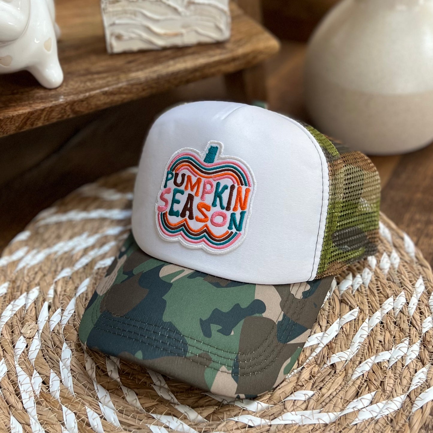 "PUMPKIN SEASON" patch on Camo Trucker Hat