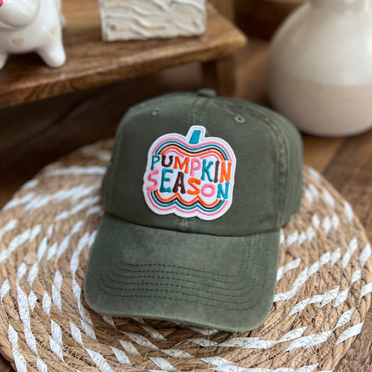 "PUMPKIN SEASON" patch on Olive Baseball Hat