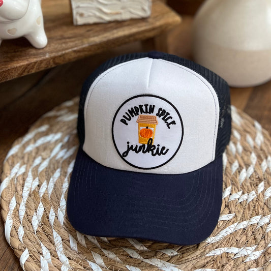 "PUMPKIN SPICE JUNKIE" patch on Navy & White Trucker Hat