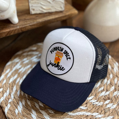 "PUMPKIN SPICE JUNKIE" patch on Navy & White Trucker Hat