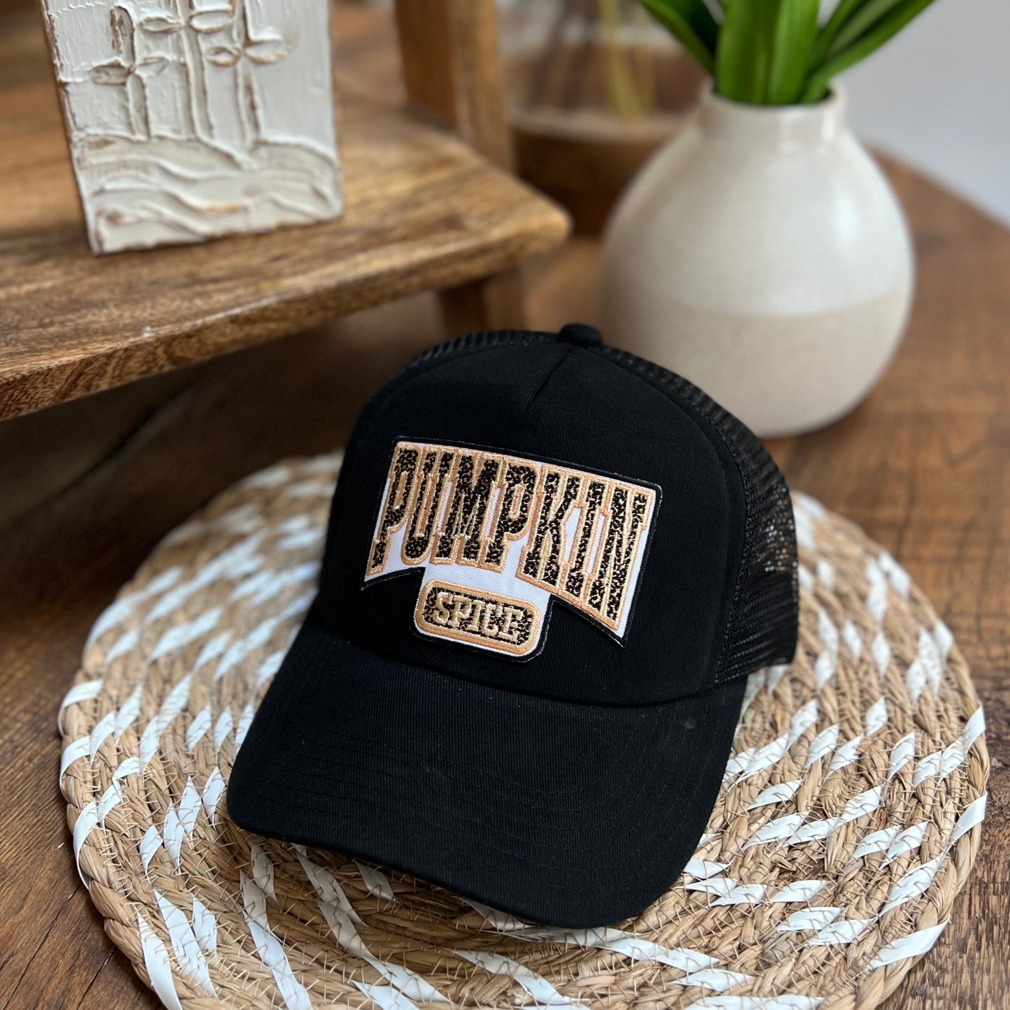 "PUMPKIN SPICE" Cheetah print patch on Black Trucker Hat