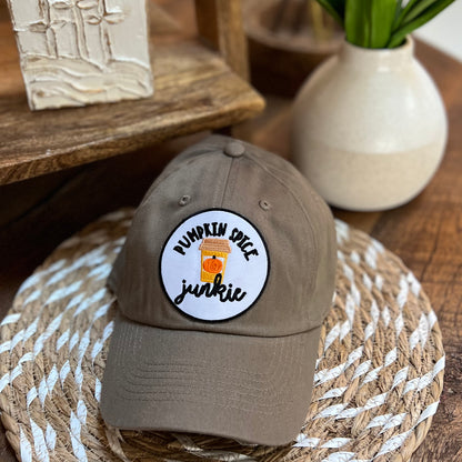 "PUMPKIN SPICE JUNKIE" patch on Dark Tan Baseball Hat