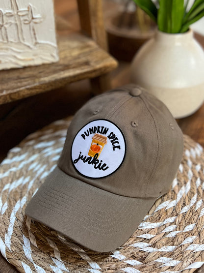 "PUMPKIN SPICE JUNKIE" patch on Dark Tan Baseball Hat