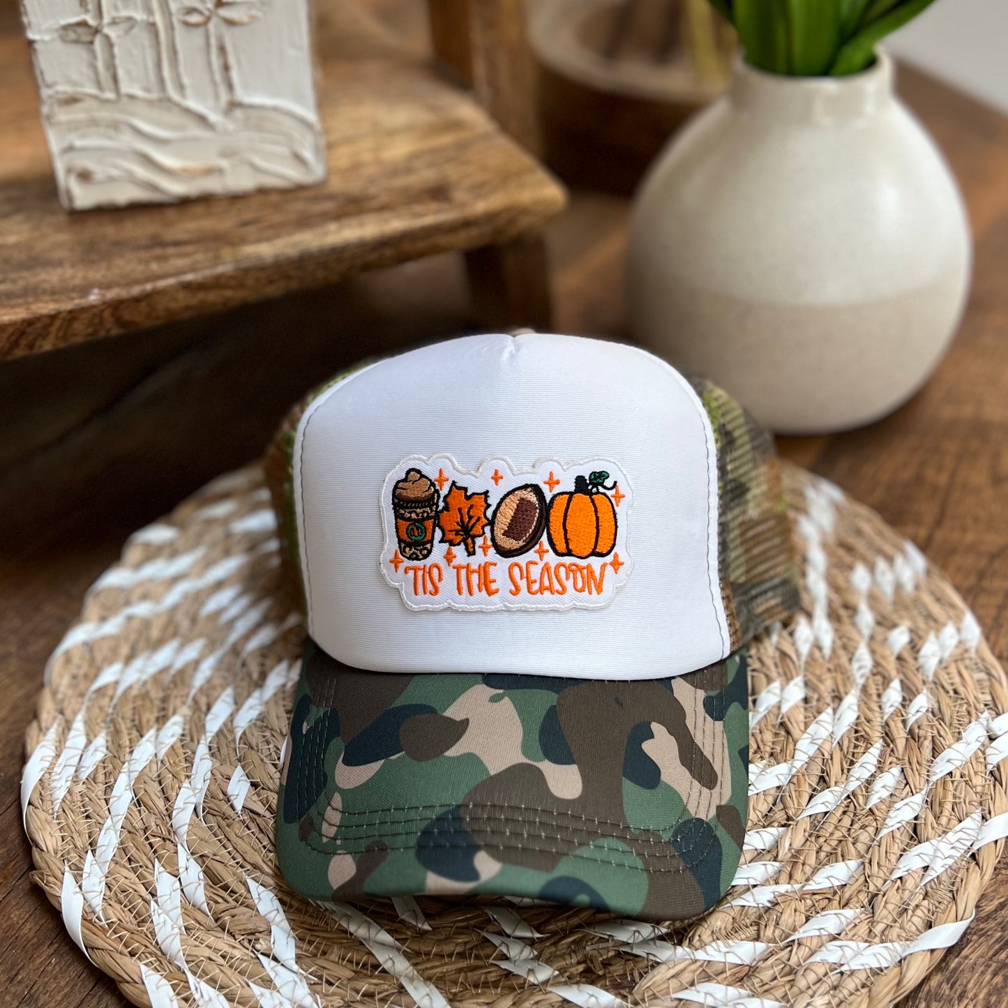 "TIS THE SEASON" patch on Camo Trucker Hat