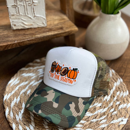 "TIS THE SEASON" patch on Camo Trucker Hat