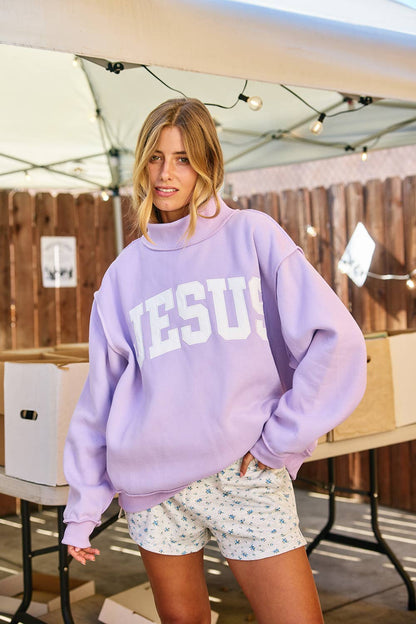 JESUS-Embroidered Mock Neck Sweatshirt : Bright Sage