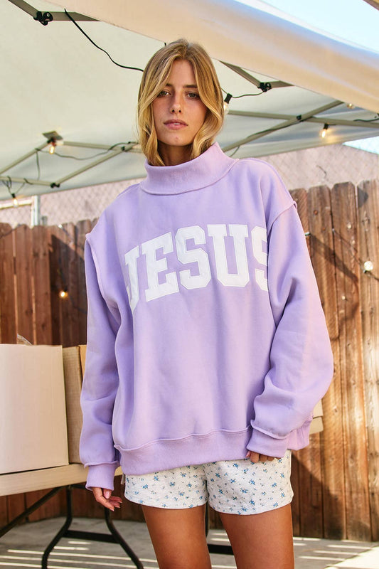 JESUS- Embroidered Mock Neck Sweatshirt- Lavender