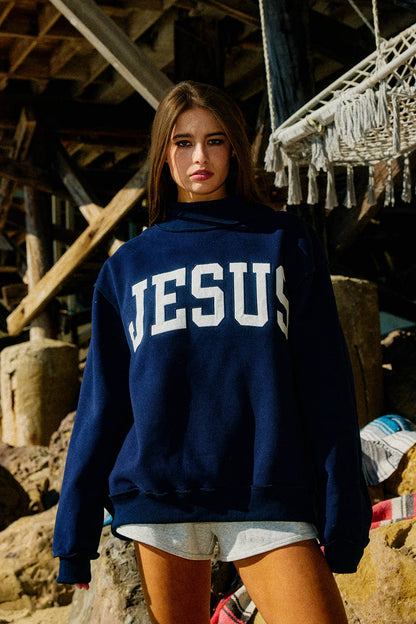JESUS-Embroidered Mock Neck Sweatshirt : Bright Sage